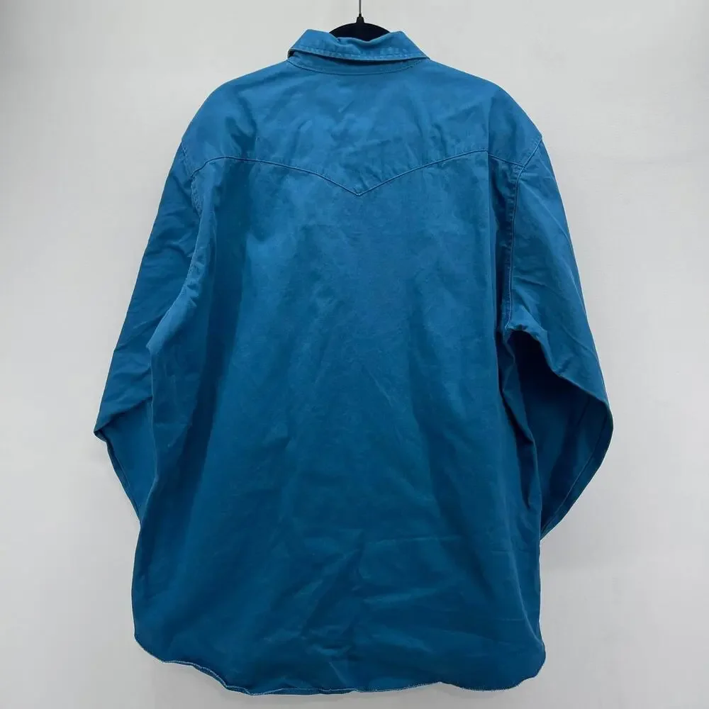 Vintage Wrangler Pearl Snap Western Shirt Mens 2XT Blue Heavy Cotton Brushpopper